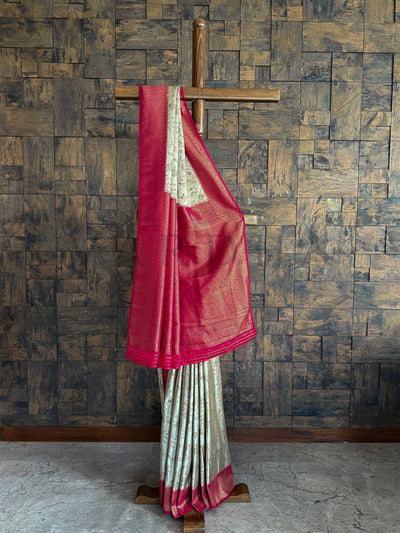 Wine-Cream Woven Kalamkari Art Silk Saree with Zari Work