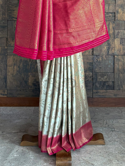 Wine-Cream Woven Kalamkari Art Silk Saree with Zari Work