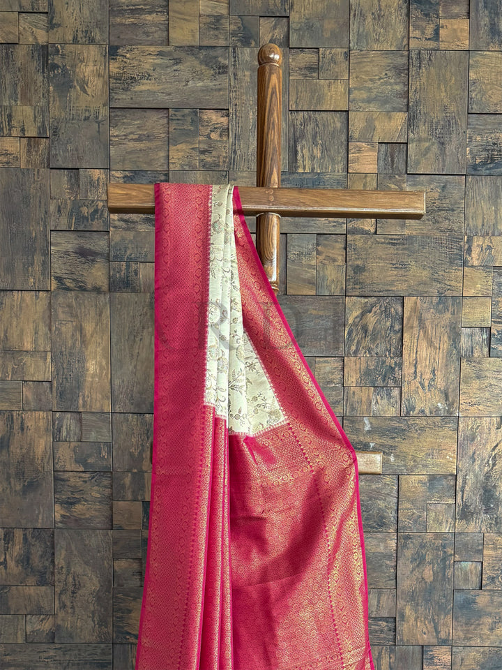 Wine-Cream Woven Kalamkari Art Silk Saree with Zari Work