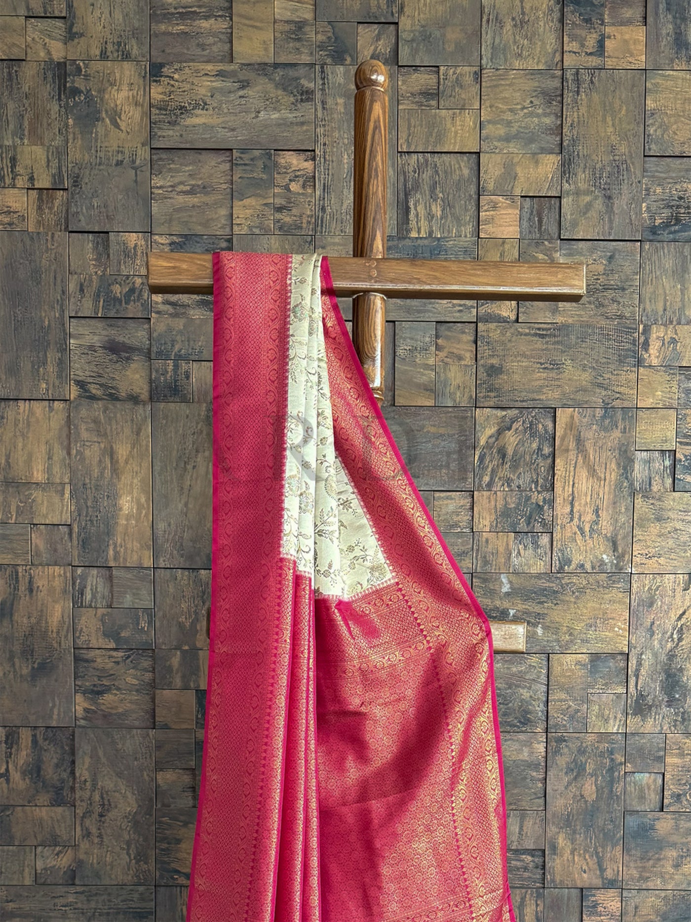 Wine-Cream Woven Kalamkari Art Silk Saree with Zari Work