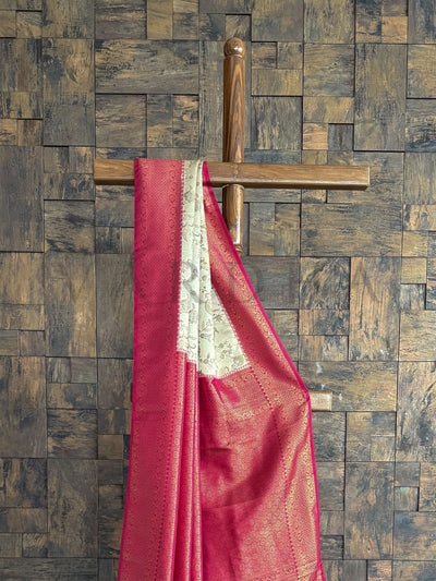 Wine-Cream Woven Kalamkari Art Silk Saree with Zari Work