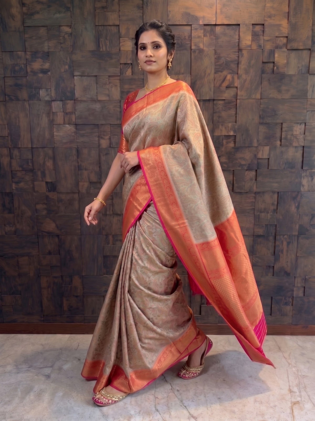 Grey-Red Tanchoi Satin Silk Saree with Zari Work