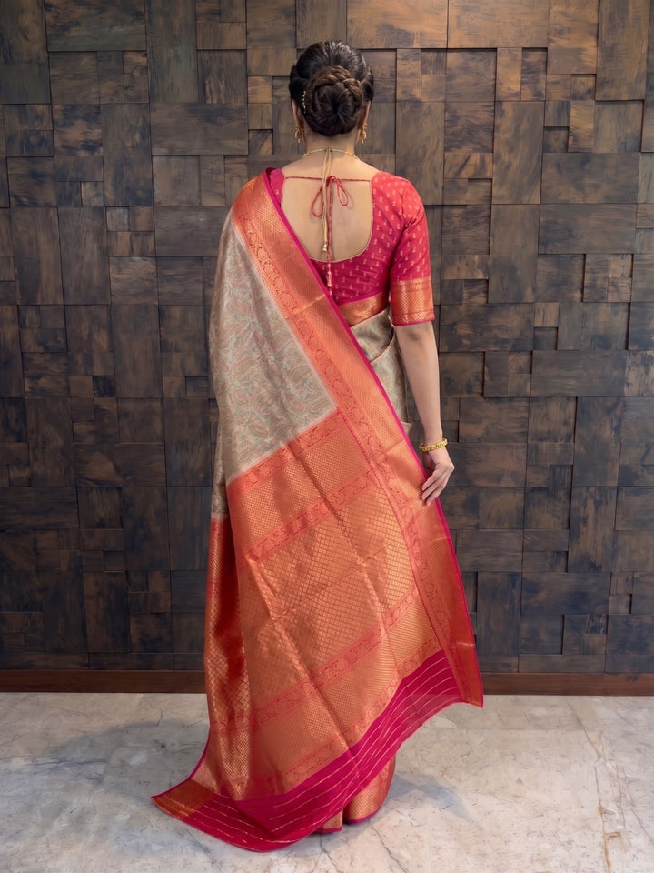 Grey-Red Tanchoi Satin Silk Saree with Zari Work