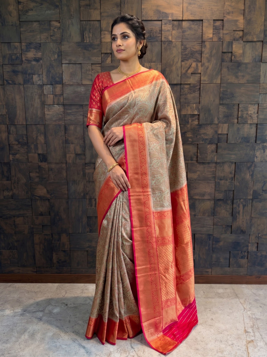Grey-Red Tanchoi Satin Silk Saree with Zari Work