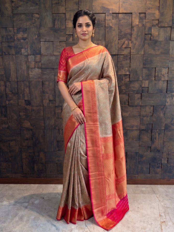Grey-Red Tanchoi Satin Silk Saree with Zari Work