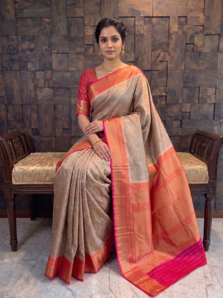 Grey-Red Tanchoi Satin Silk Saree with Zari Work