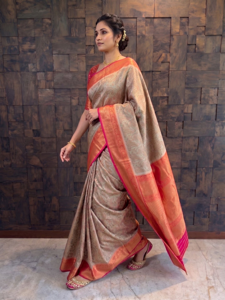 Grey-Red Tanchoi Satin Silk Saree with Zari Work