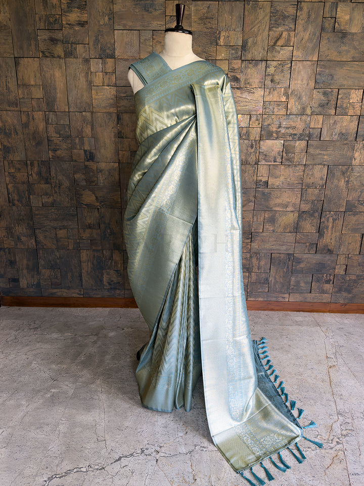 Icy Blue Kanjivaram Tissue Silk Saree with Gold Zari Weave