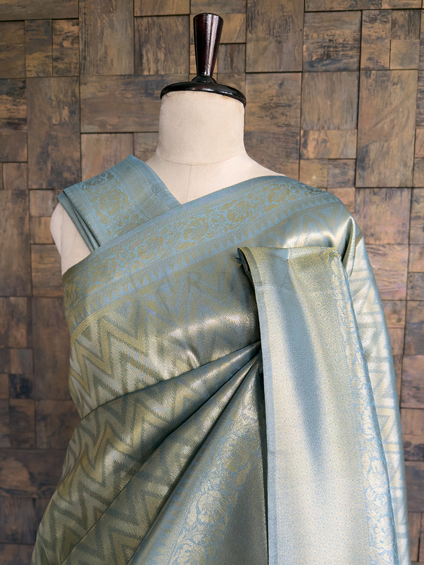 Icy Blue Kanjivaram Tissue Silk Saree with Gold Zari Weave
