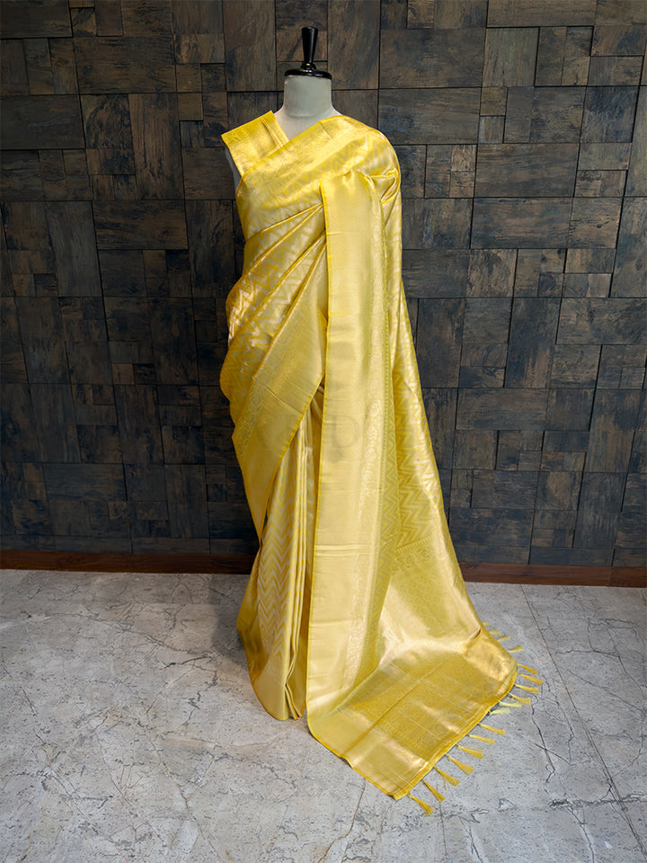Lemon Yellow Kanjivaram Tissue Silk Saree with Gold Zari Weave