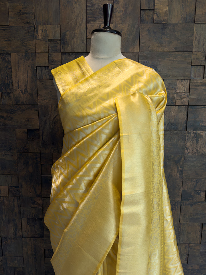 Lemon Yellow Kanjivaram Tissue Silk Saree with Gold Zari Weave