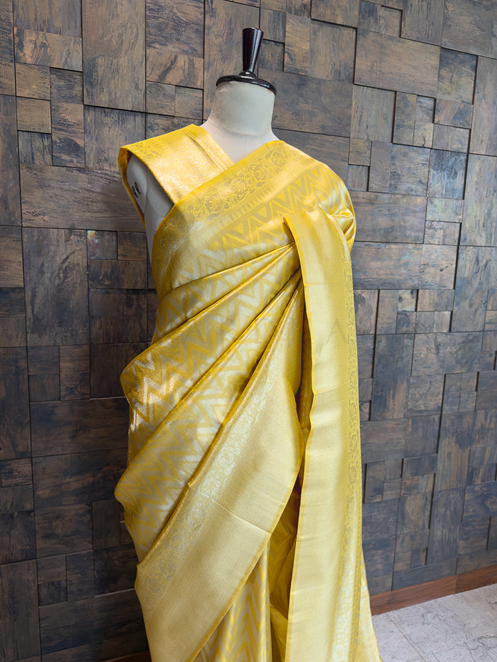 Lemon Yellow Kanjivaram Tissue Silk Saree with Gold Zari Weave