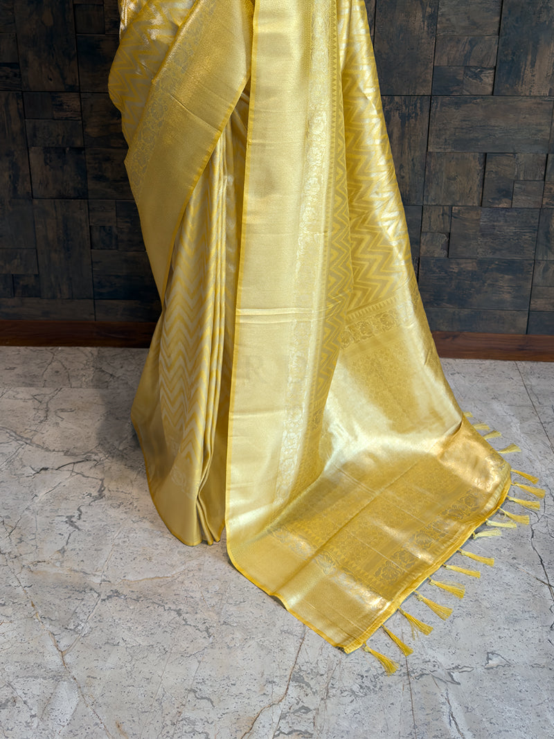 Lemon Yellow Kanjivaram Tissue Silk Saree with Gold Zari Weave