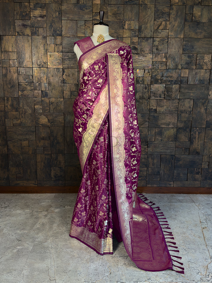 Wine Banarasi Satin Silk Saree with Gold Zari