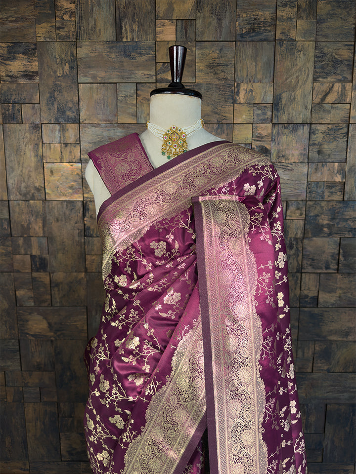 Wine Banarasi Satin Silk Saree with Gold Zari