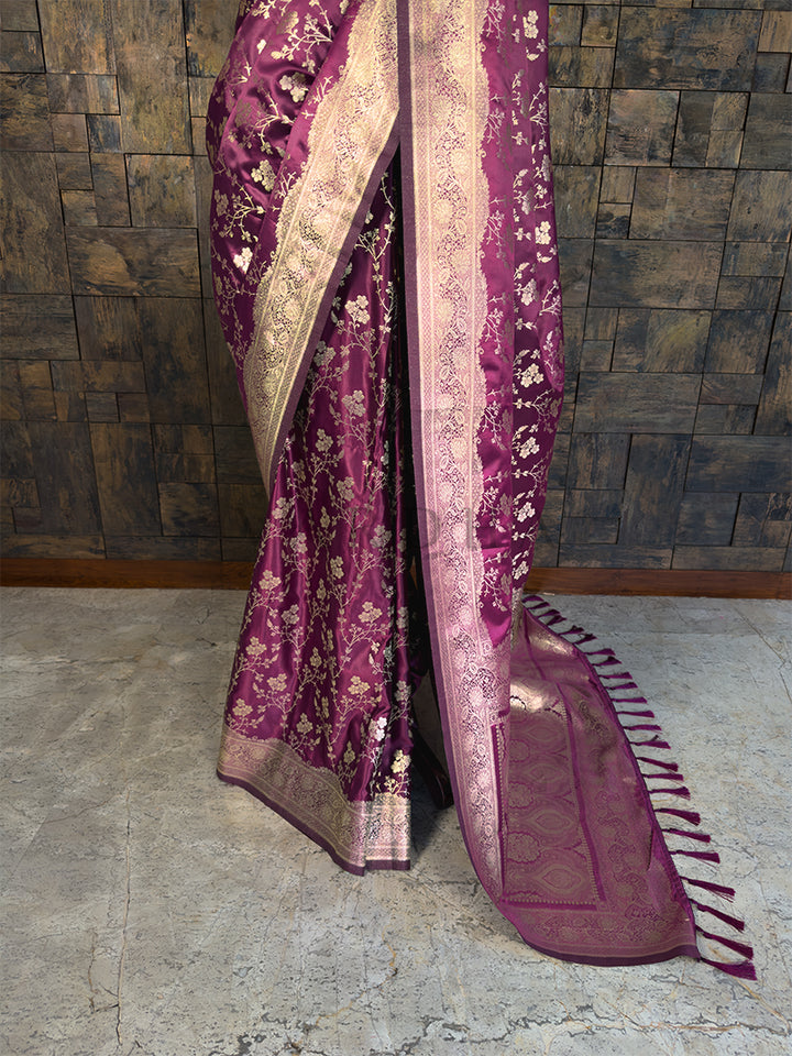 Wine Banarasi Satin Silk Saree with Gold Zari