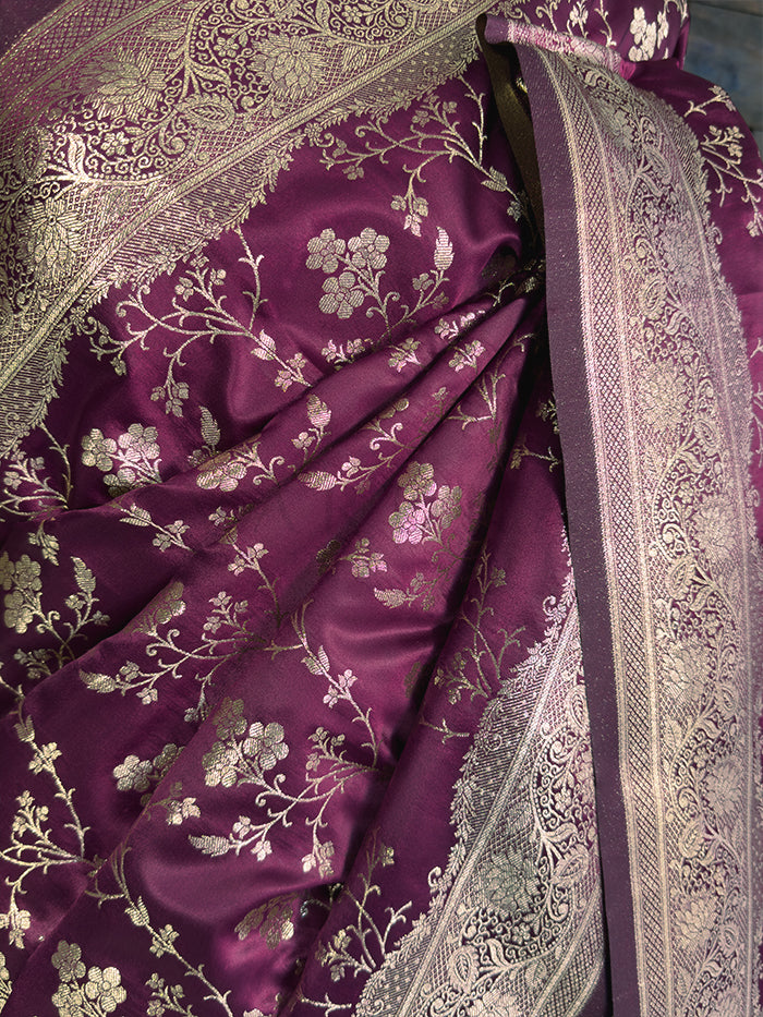 Wine Banarasi Satin Silk Saree with Gold Zari