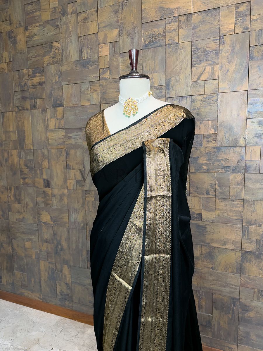 Black Georgette Feather Soft Saree with Gold Zari Work