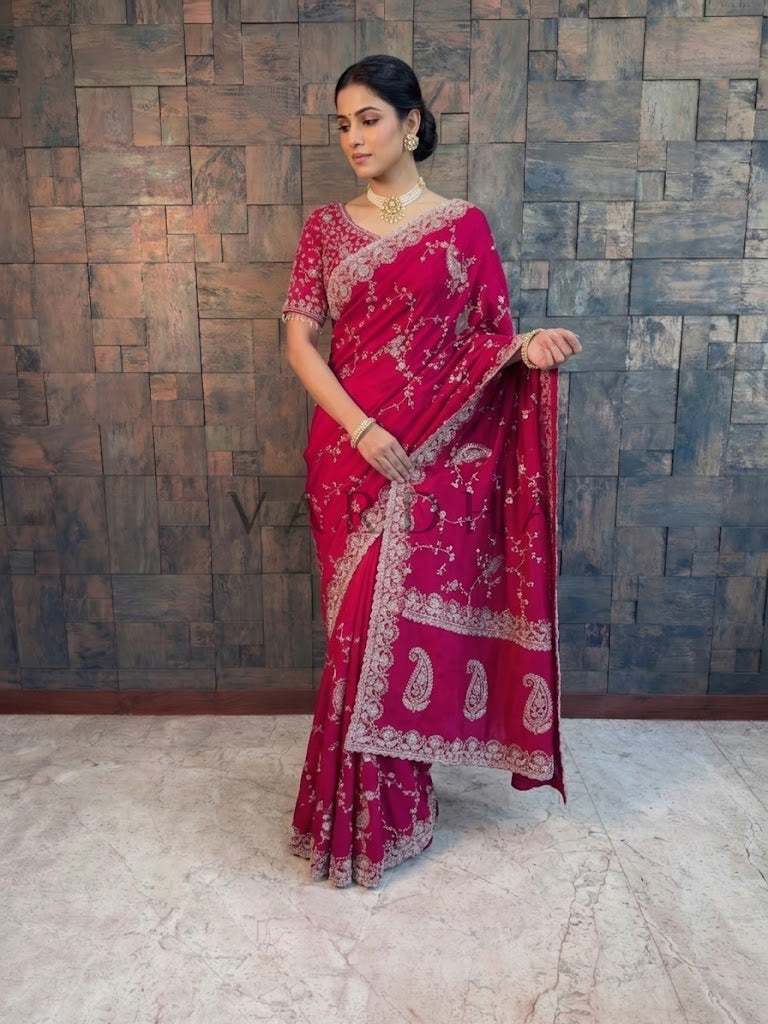 Pink Satin Crepe Handwork Saree with Silver Embroidery Scalloped Bead &amp; Stone Work