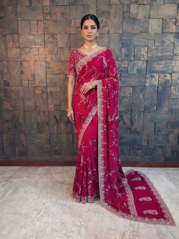 Pink Satin Crepe Handwork Saree with Silver Embroidery Scalloped Bead &amp; Stone Work