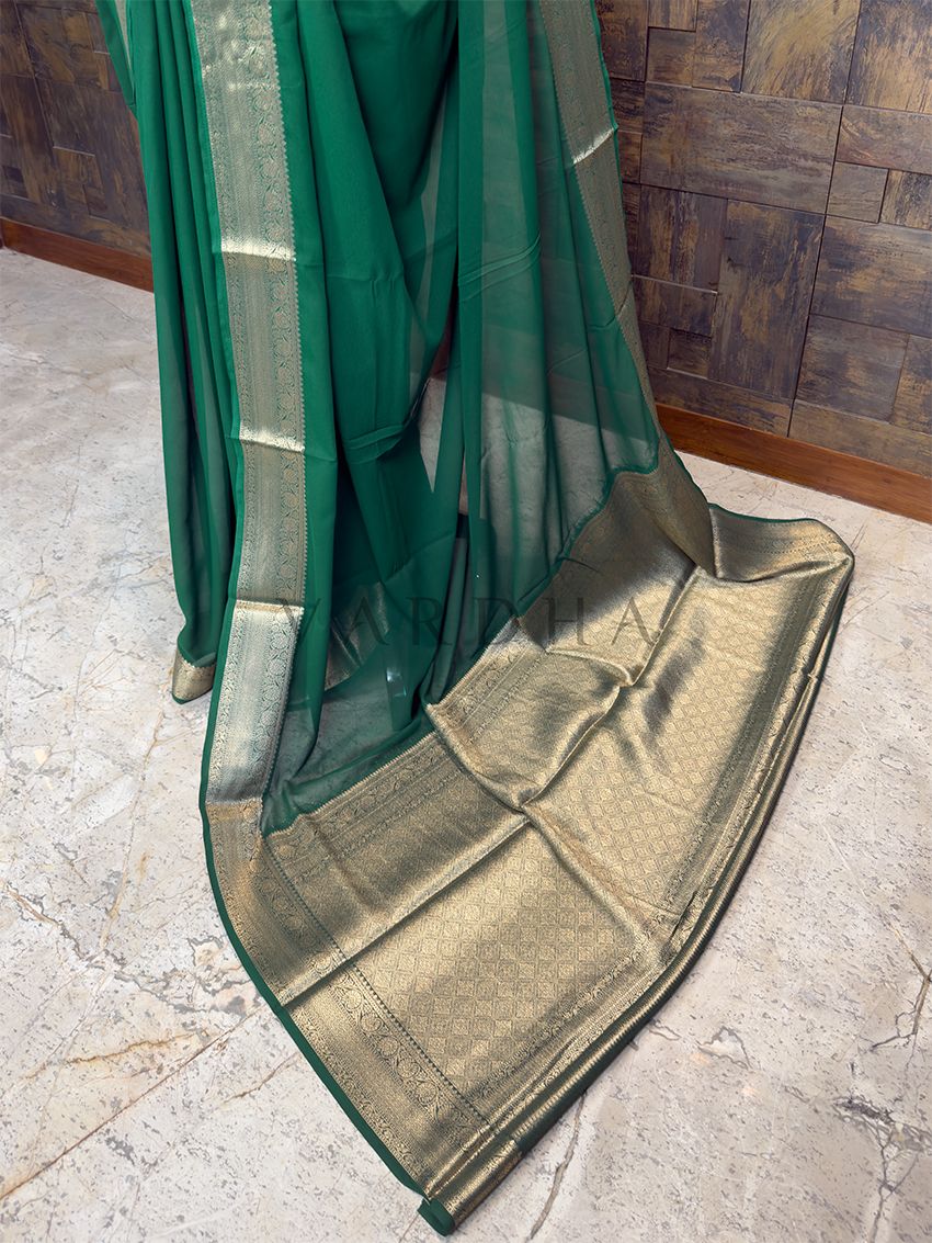 Green Georgette Feather Soft Saree with Gold Zari Work
