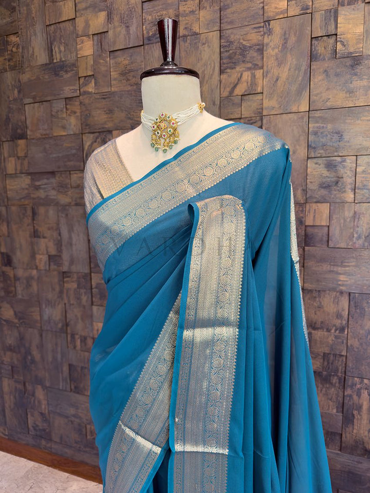 Rama Georgette Feather Soft Saree with Gold Zari Work