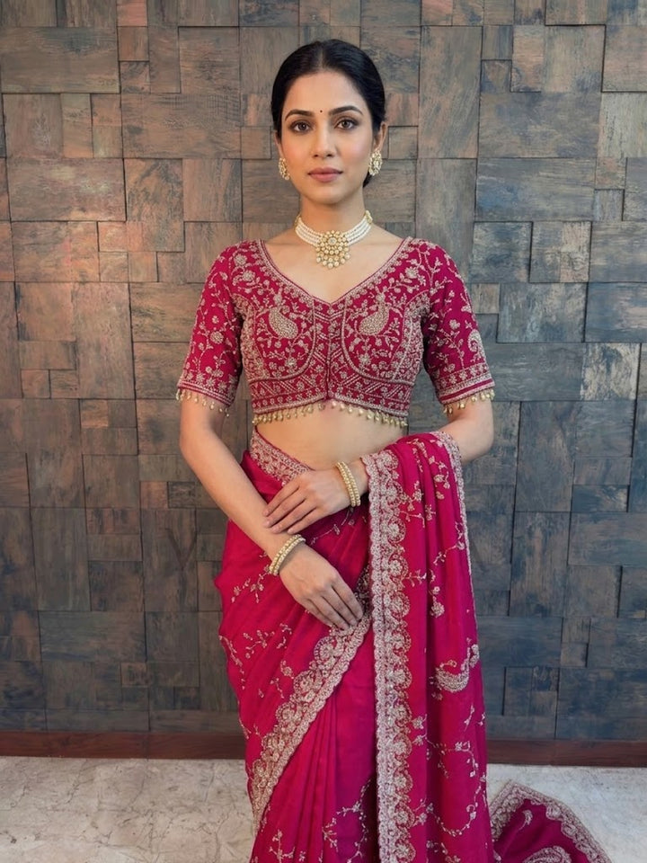 Pink Satin Crepe Handwork Saree with Silver Embroidery Scalloped Bead &amp; Stone Work