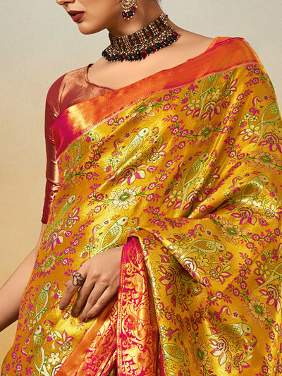 Banarasi Sarees Satin Silk Sarees Yellow Wedding Rituals Wedding Yellow Dharmavaram Yellow Pink
