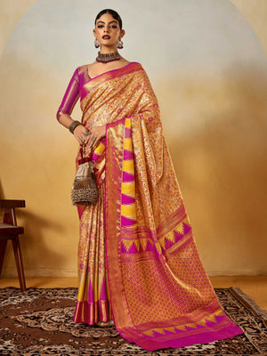 Beige–Magenta Banarasi satin silk saree with zari work and woven parrot motifs, styled for traditional Indian wedding rituals with luxury finish. Beige–Magenta Banarasi satin silk saree with zari work and woven parrot motifs, styled for traditional Indian wedding rituals with luxury finish..
