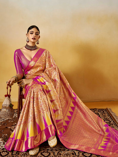 Banarasi Sarees Satin Silk Sarees White Wedding Rituals Wedding Beige Dharmavaram Beige Magenta