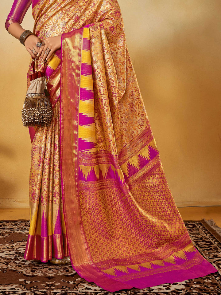 Beige–Magenta Banarasi satin silk saree with zari work and woven parrot motifs, styled for traditional Indian wedding rituals with luxury finish. Beige–Magenta Banarasi satin silk saree with zari work and woven parrot motifs, styled for traditional Indian wedding rituals with luxury finish..