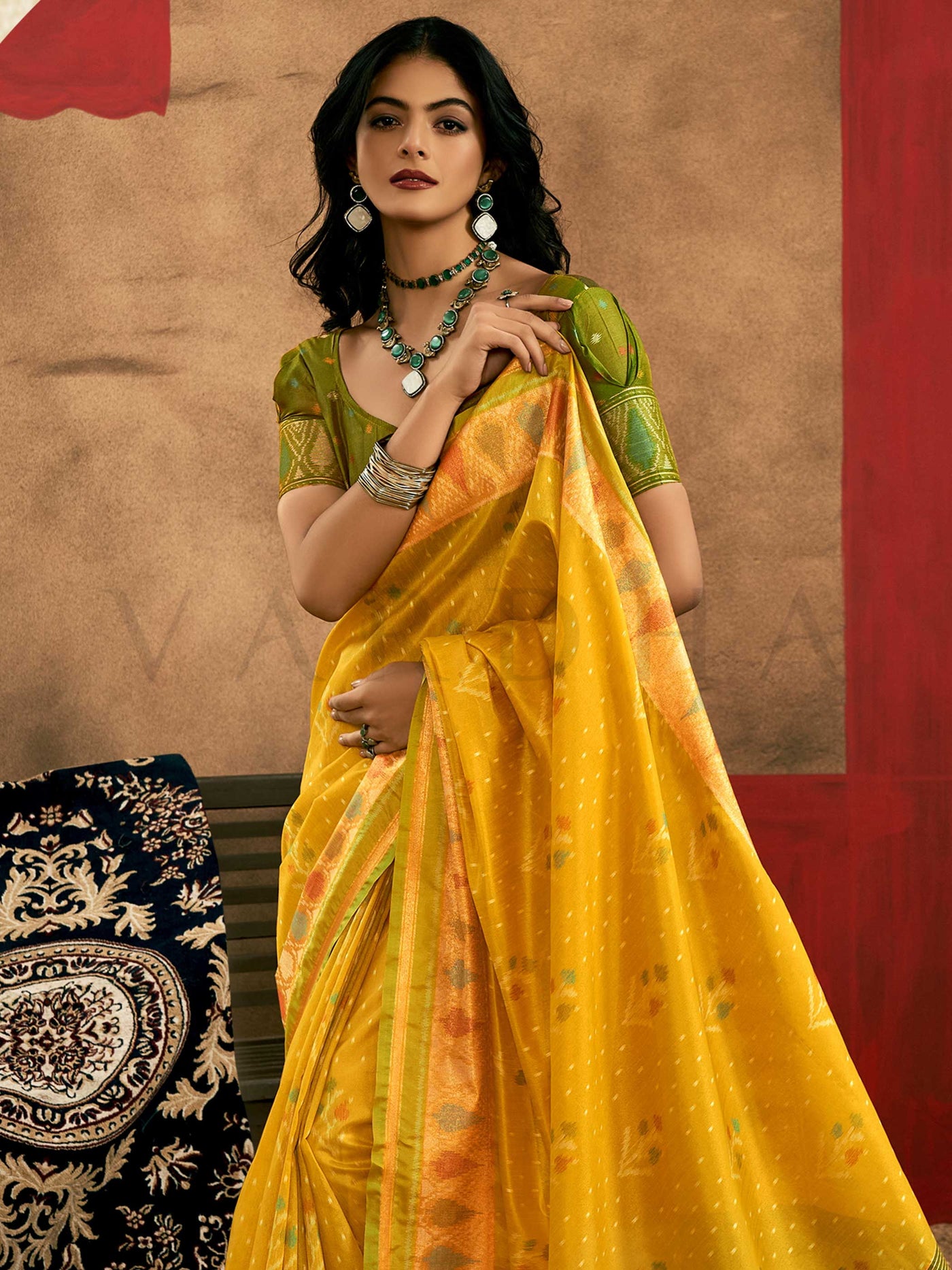 Sunflower Yellow–Leaf Green Banarasi silk saree with Patola-inspired design and rich zari border, styled for wedding glamour and traditional elegance. Sunflower Yellow–Leaf Green Banarasi silk saree with Patola-inspired design and rich zari border, styled for wedding glamour and traditional elegance..