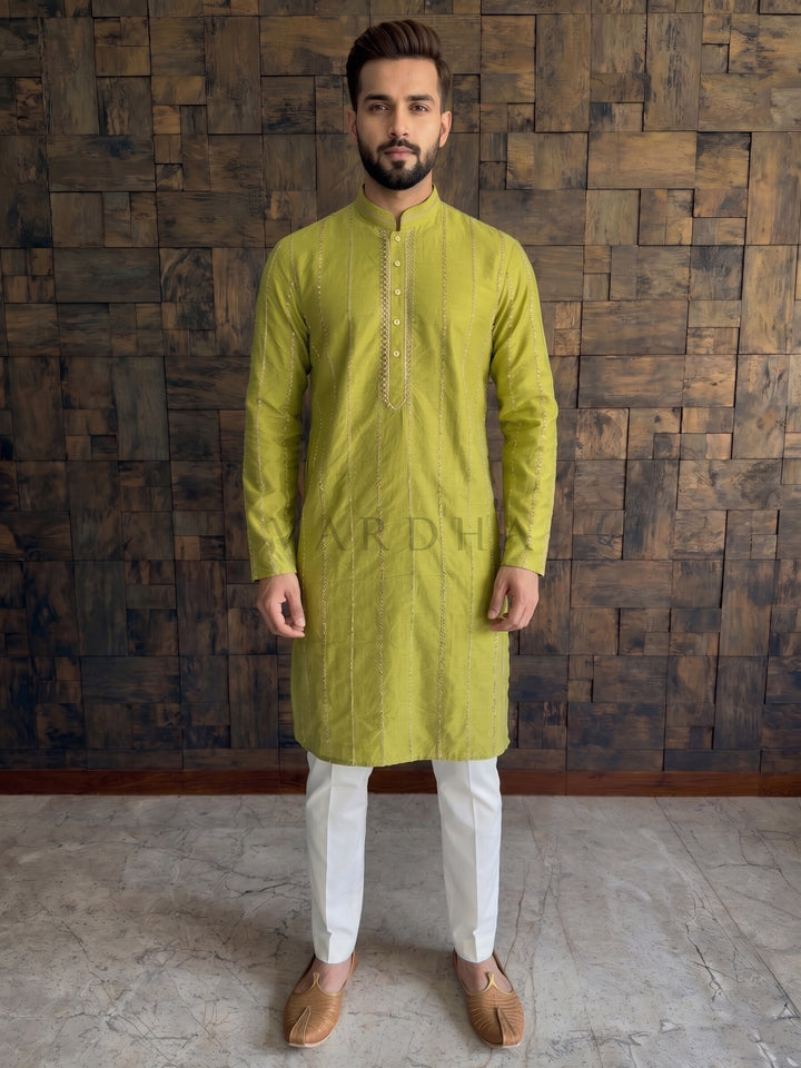 Lime Green Viscose Kurta with Metallic Chevron Stripes