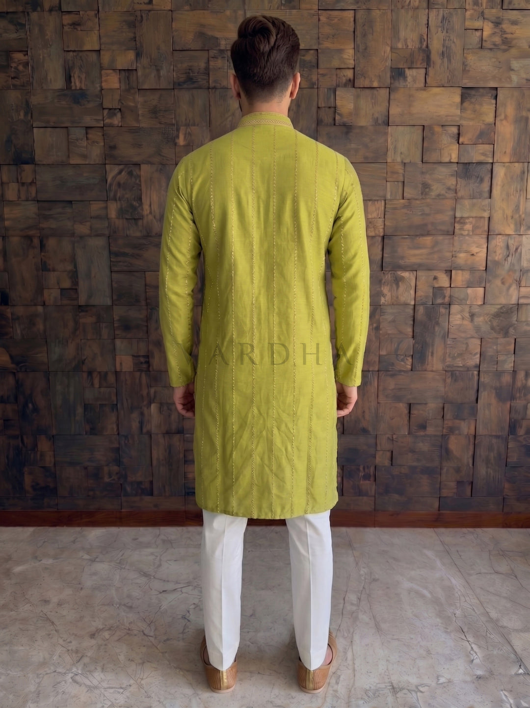 Lime Green Viscose Kurta with Metallic Chevron Stripes