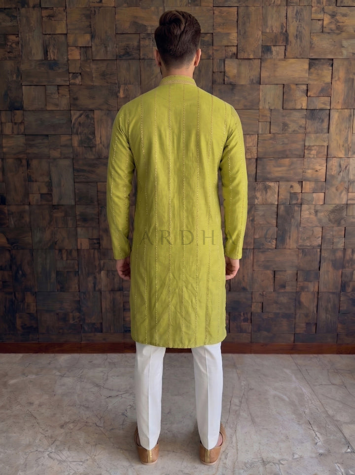 Lime Green Viscose Kurta with Metallic Chevron Stripes