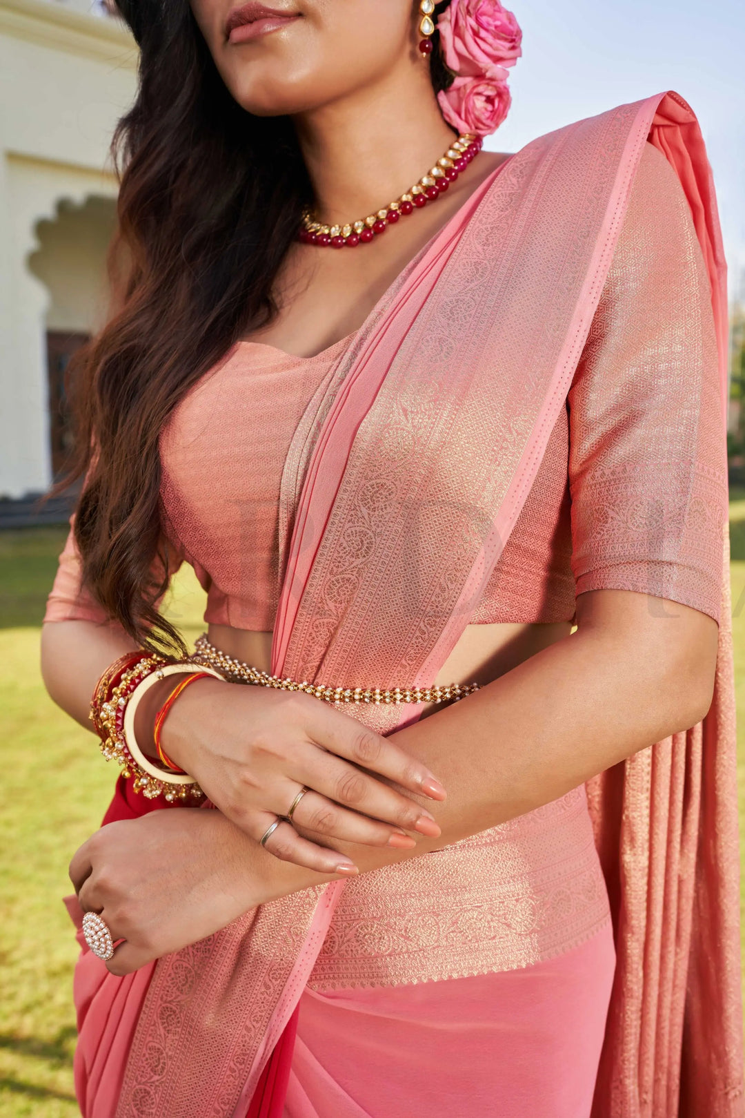 Avantika in Fusion Peach-Red Feather Soft Saree House of Vardha