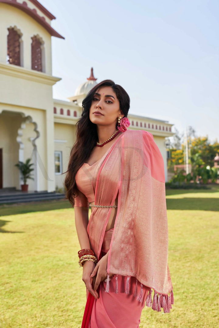 Avantika in Fusion Peach-Red Feather Soft Saree House of Vardha