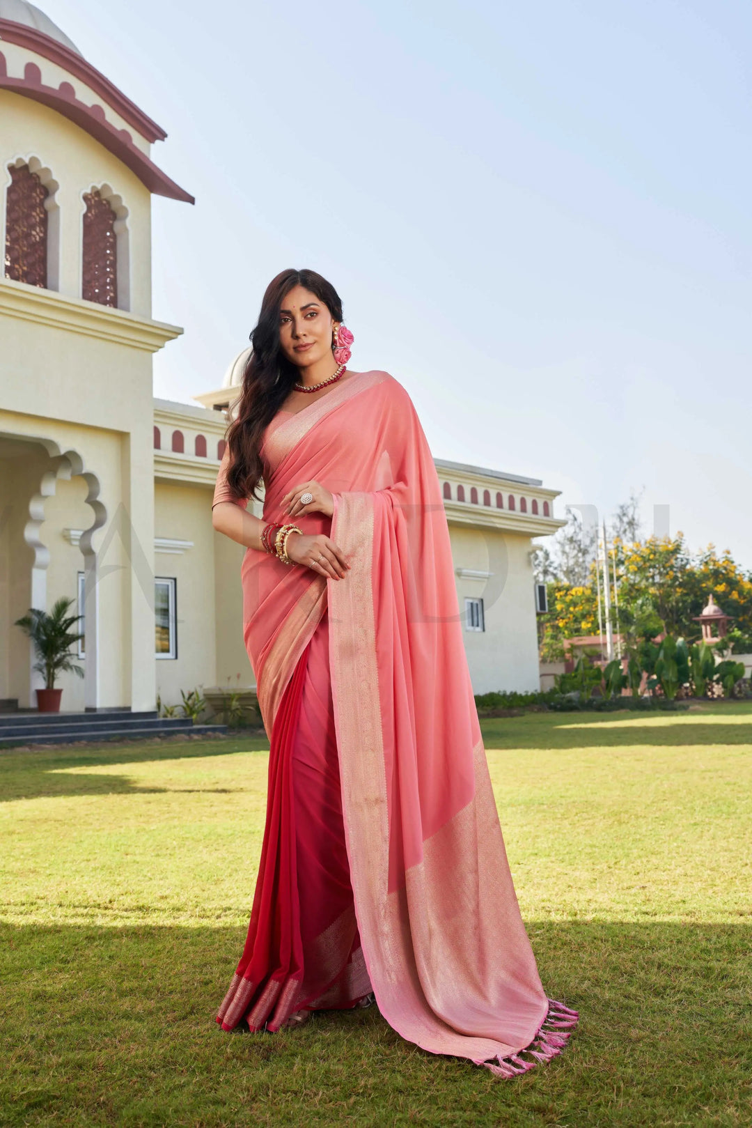 Avantika in Fusion Peach-Red Feather Soft Saree House of Vardha