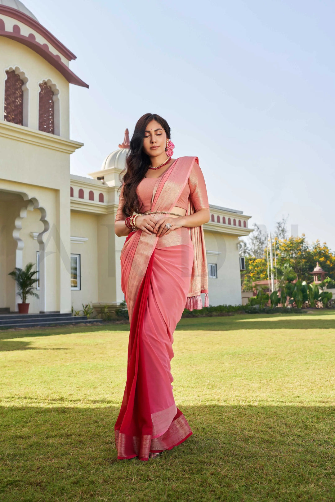 Avantika in Fusion Peach-Red Feather Soft Saree House of Vardha
