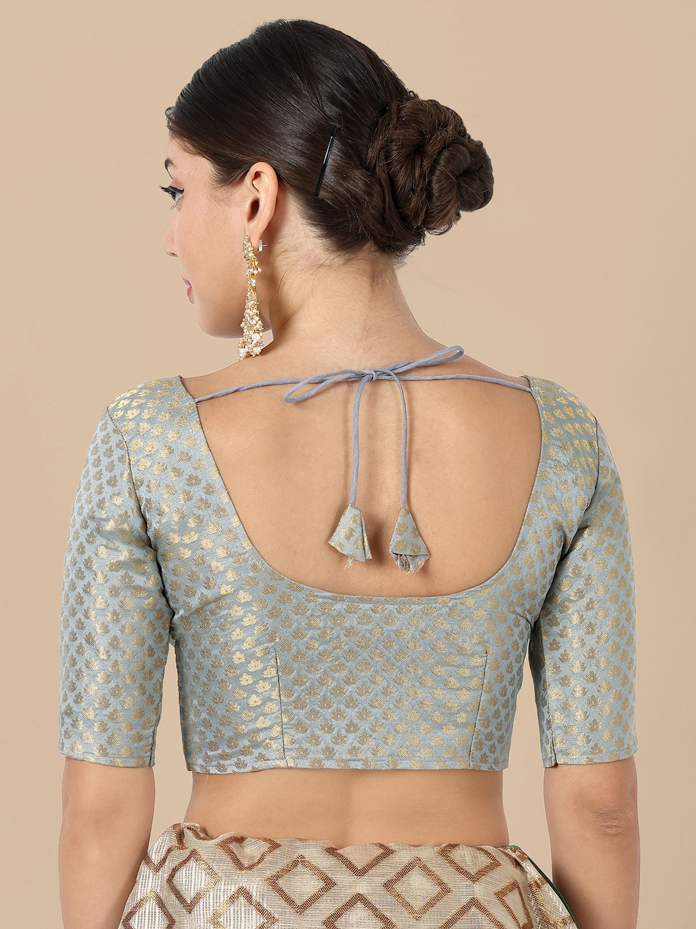 Grey Round Neck Brocade Blouse