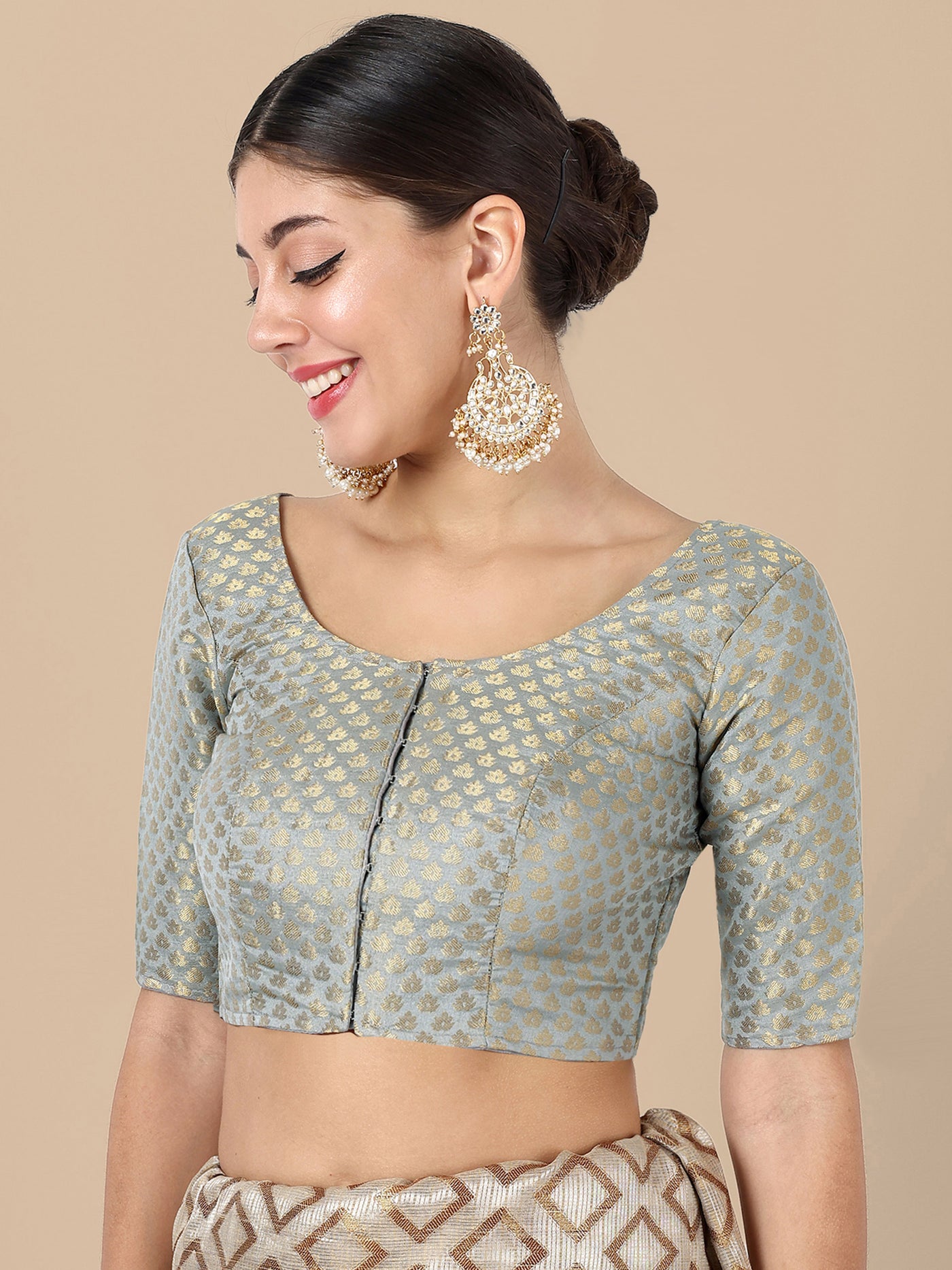 Grey Round Neck Brocade Blouse