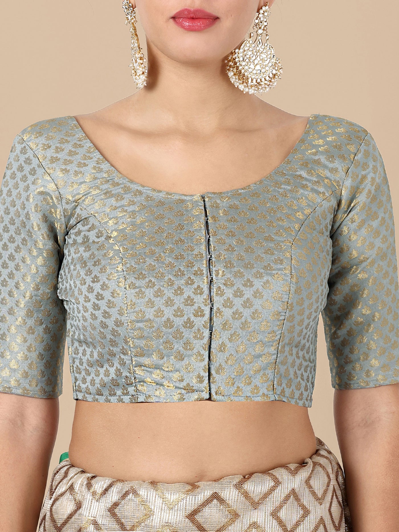 Grey Round Neck Brocade Blouse