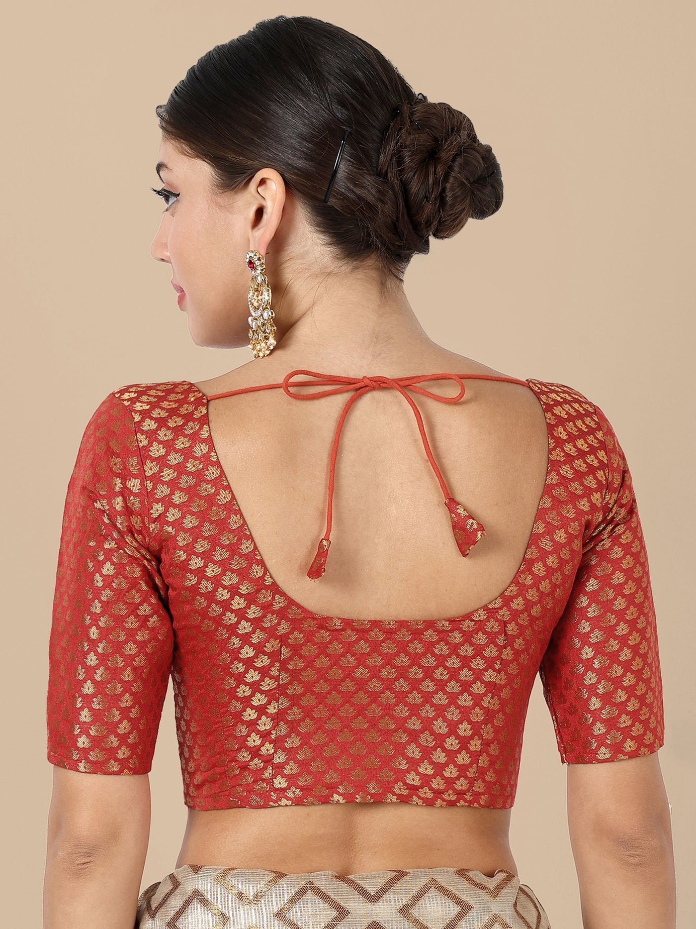 Red Round Neck Brocade Blouse