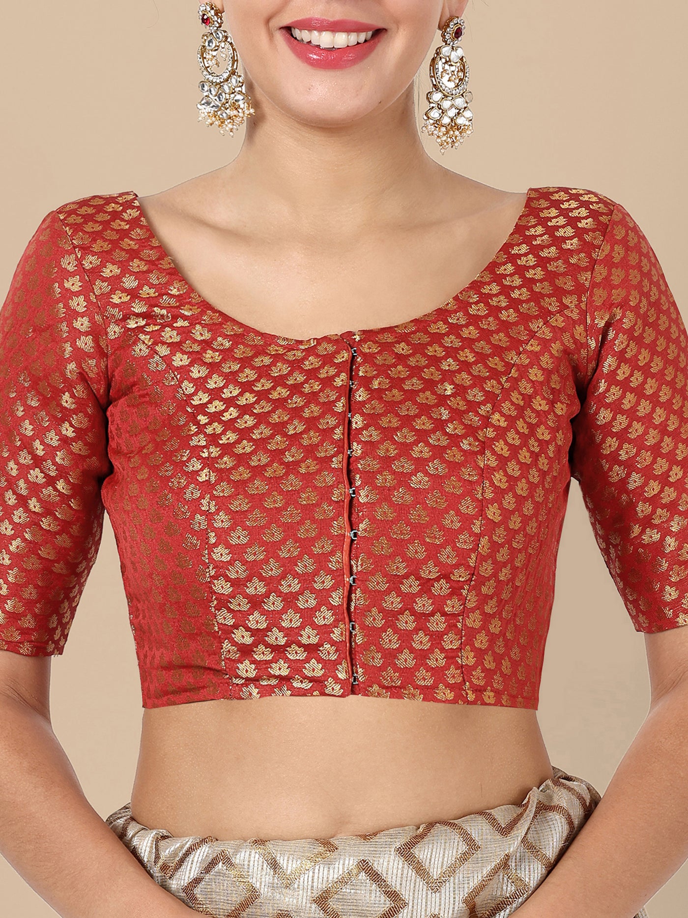 Red Round Neck Brocade Blouse