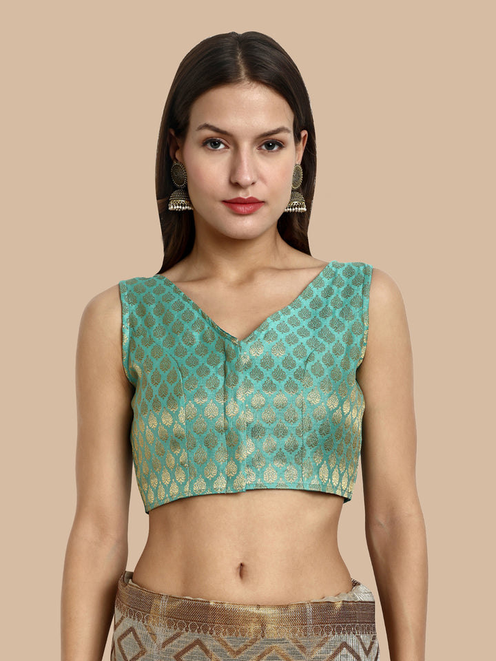 Turquoise Green V-Neck Sleeveless Brocade Blouse