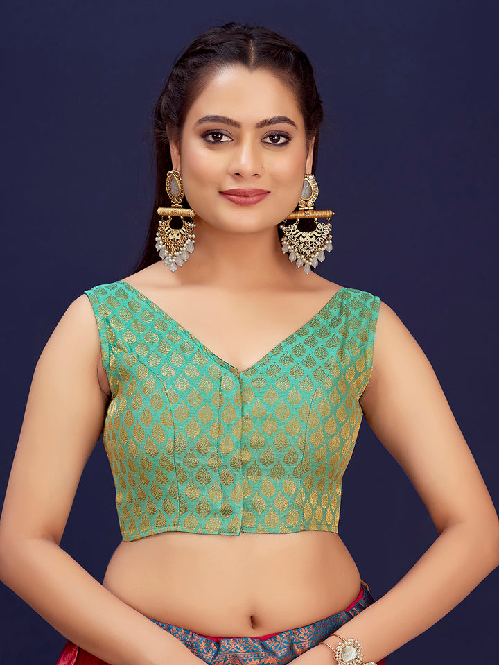 Turquoise Green V-Neck Sleeveless Brocade Blouse with Zari Work