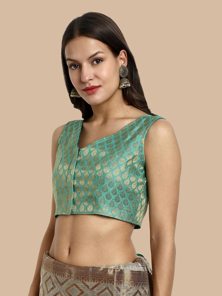 Turquoise Green V-Neck Sleeveless Brocade Blouse