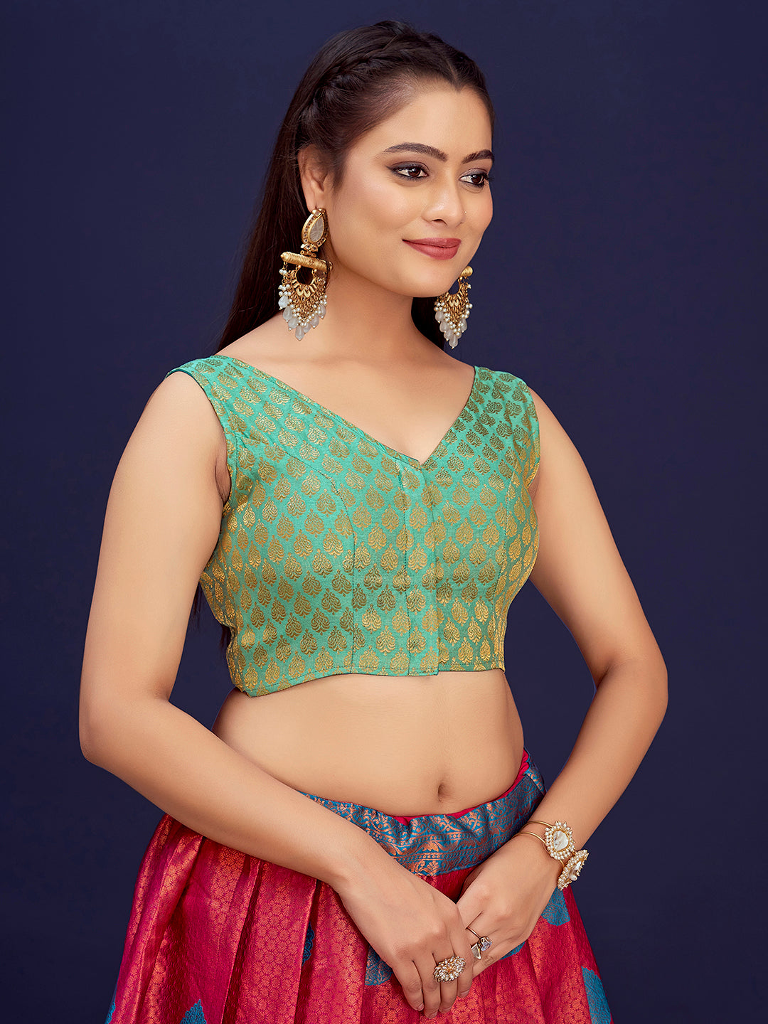 Turquoise Green V-Neck Sleeveless Brocade Blouse with Zari Work