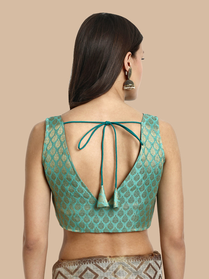 Turquoise Green V-Neck Sleeveless Brocade Blouse