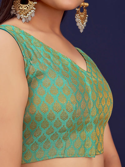 Turquoise Green V-Neck Sleeveless Brocade Blouse with Zari Work